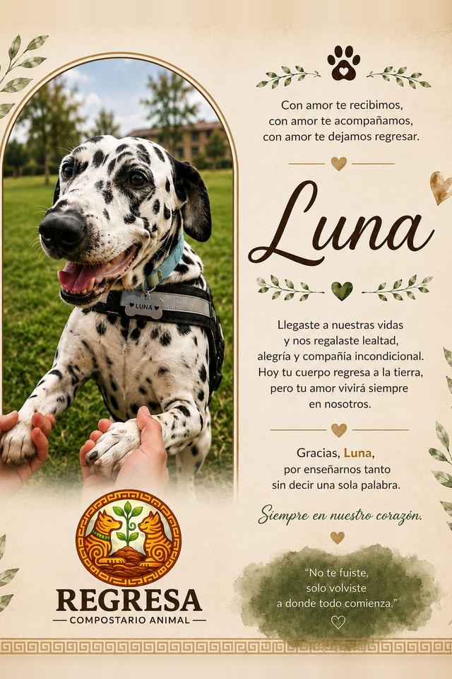 Esquela en memoria de Luna, con su fotografía y un mensaje de despedida