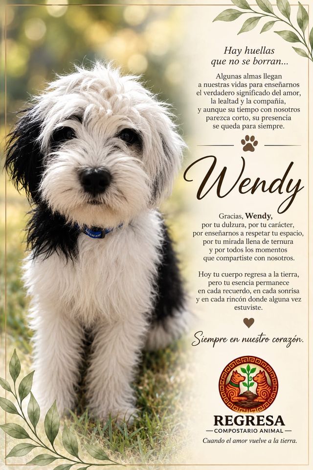 Esquela en memoria de Wendy, con su fotografía y un mensaje de despedida