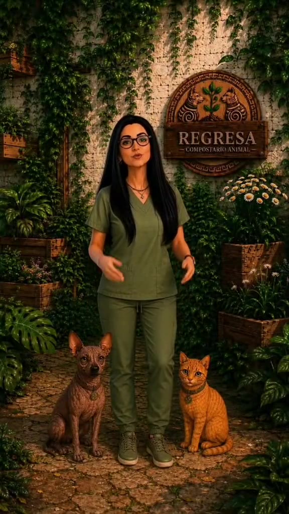 Presentadora animada frente a un muro con plantas y el logotipo de Regresa, junto a un perro y un gato