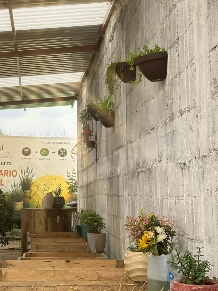 El compostario con flores frescas, macetas colgadas en el muro, camas de madera y al fondo la lona de Regresa