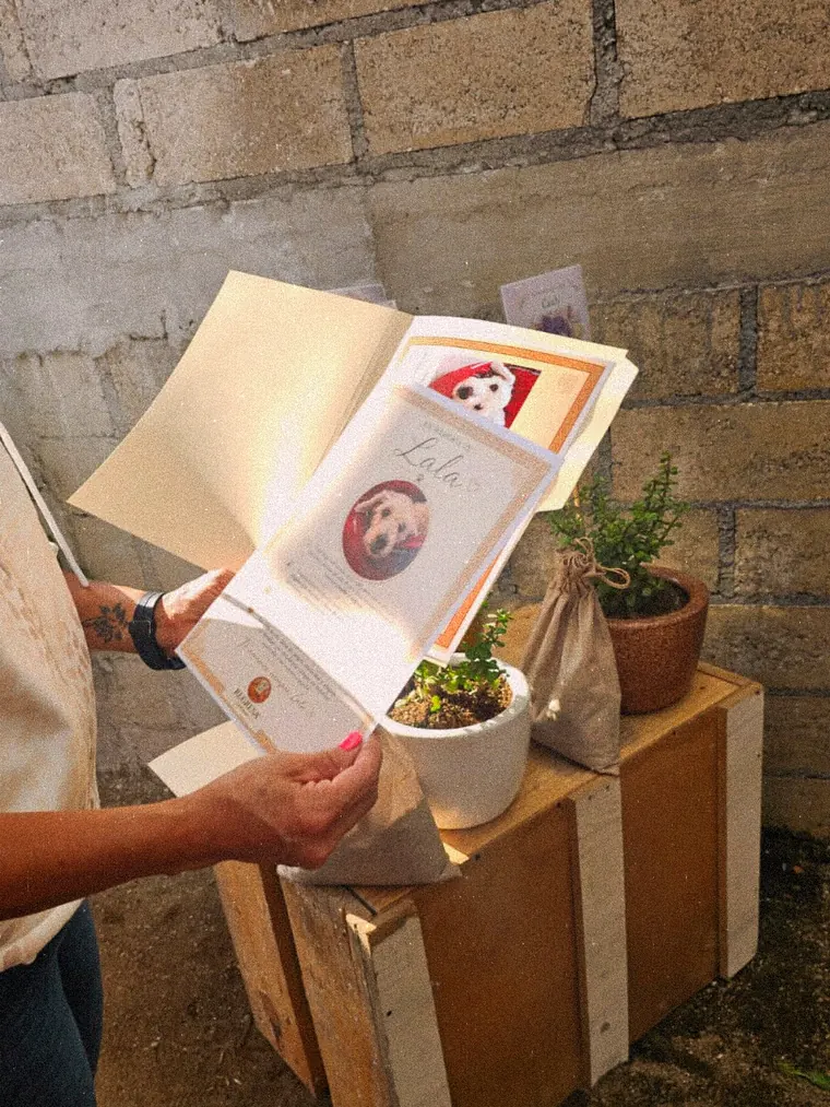 Unas manos abren la carpeta con la esquela y las palabras de despedida de su compañero, junto a su planta