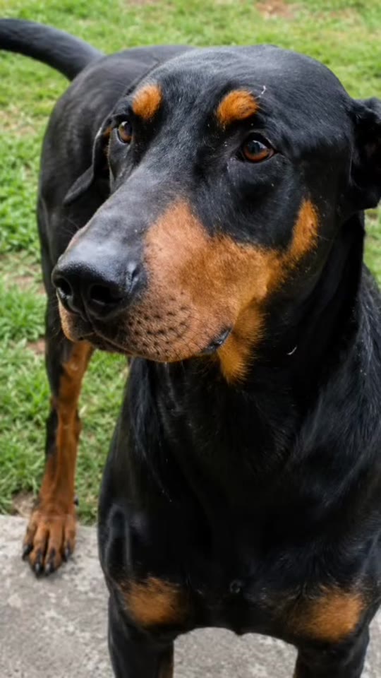 Dark, un perro negro con marcas cafés, mira de cerca a la cámara